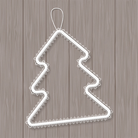 White lace Christmas tree on wooden background. Decorative design element, winter holiday decoration for Christmas, New Year or greeting card. Vector illustrationのイラスト素材