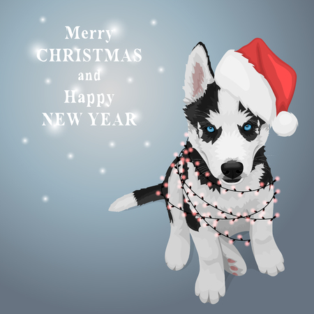 Puppy portrait in a red Santa's hat. Black and white Siberian husky with blue eyes. Christmas and New Year greeting card. The dog is a symbol of 2018. Vector illustrationのイラスト素材