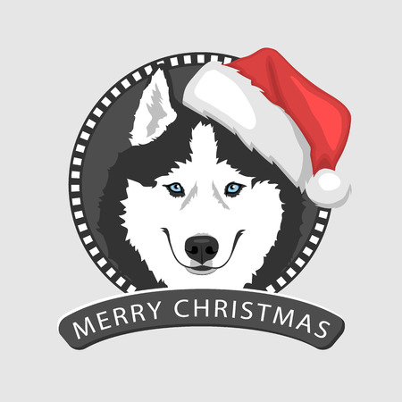 Dog portrait in a red Santa's hat. Black and white Siberian husky with blue eyes. Christmas and New Year greeting card. The dog is a symbol of 2018. Vector illustrationのイラスト素材