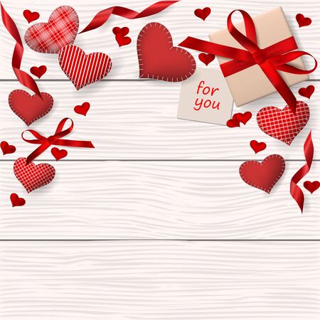 Red sewed hearts with gift box on wooden background.のイラスト素材