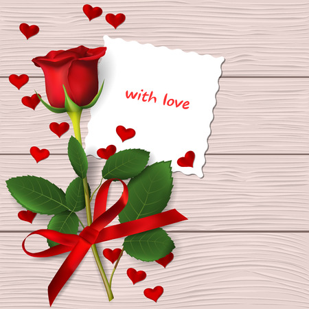 Red rose with red bow on wooden background.のイラスト素材