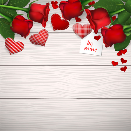 Red roses with red sewed hearts on wooden background.のイラスト素材