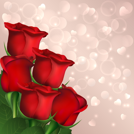 Red roses on hearts bokeh background. Valentines day greeting card with space for your text. Vector illustrationのイラスト素材