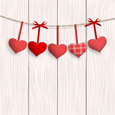 Red hearts hanging over wood background. Happy valentines day. Space for your text. Vector illustrationのイラスト素材