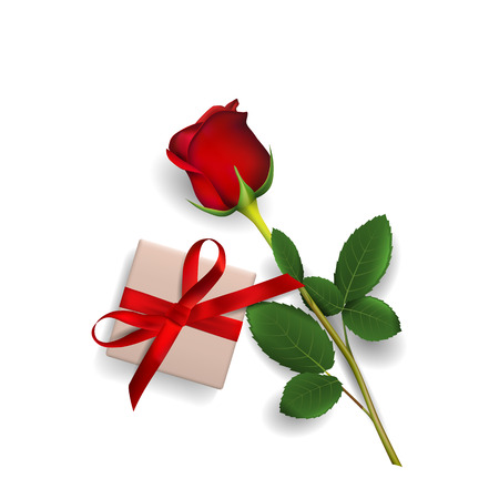 Red rose with gift box on white background. Gift for the Valentines day, womens day, mothers day, birthday. Vector illustrationのイラスト素材
