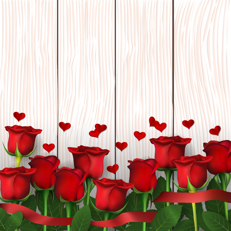 Red roses on wooden background. Greeting card for Valentine's day, women's day, mother's day, birthday. Top view with space for your text.のイラスト素材
