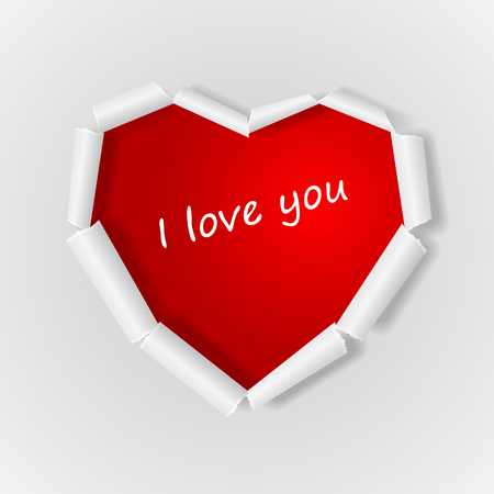 White torn paper in heart shape. Valentine's day greeting card. Symbol of love. Inscription I love you . Vector illustrationのイラスト素材
