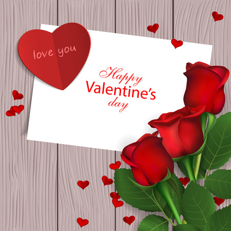 Red roses and red paper heart on wooden background. Valentine's day greeting card. Love concept. Vector illustrationのイラスト素材