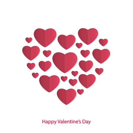 Red paper hearts on white background. Valentine's day greeting card. Symbol of love. Vector illustration.のイラスト素材