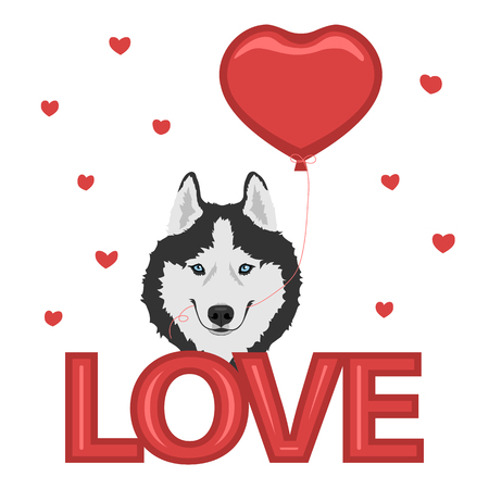 Dog with a heart balloon and love inscription.のイラスト素材
