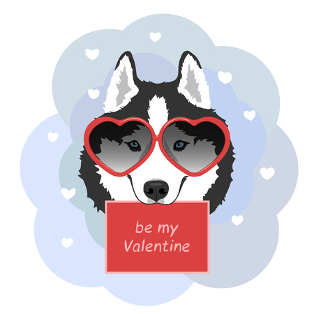 Dog in love with heart shaped glasses. Black and white Siberian husky with blue eyes. Valentine's day greeting card. Be mine Valentine. Vector illustrationのイラスト素材