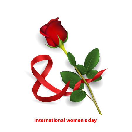 March 8 International Women's Day. Red rose and figure 8 made of red ribbon on white background. Vector illustration.のイラスト素材