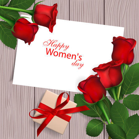 March 8 International Women's Day. Red roses with gift box on wooden background. Vector illustrationのイラスト素材