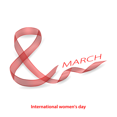 March 8 International Women's Day. Figure 8 made of red ribbon on white background. Vector illustrationのイラスト素材