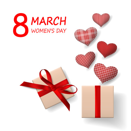 March 8 International Women's Day. Red heart cushions coming out of gift box. Top view. Vector illustrationのイラスト素材