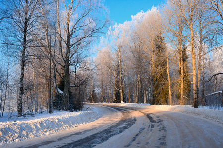 The road through the snow covered forest. Winter backgroundの写真素材