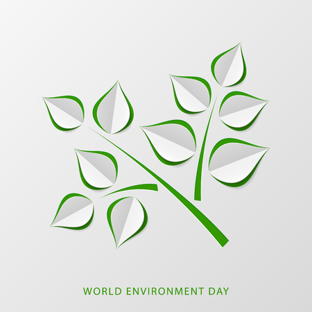 Green paper tree branch. Paper cutout green leaves. World Environment Day. Eco friendly symbol. Ecology, nature protection concept. Template for banner, poster, leaflet. Vector illustrationのイラスト素材