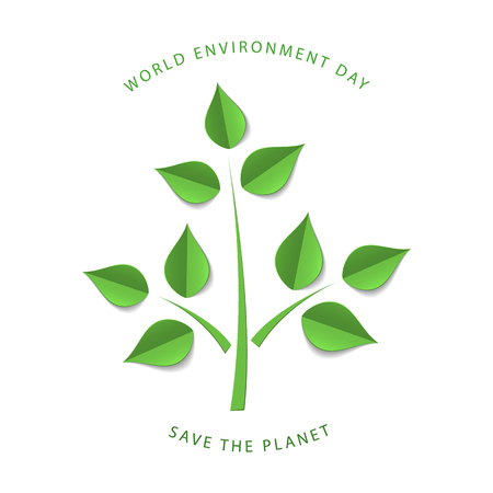 Green paper tree branch. Paper cutout green leaves. World Environment Day. Eco friendly symbol. Ecology, environment, nature protection concept. Save the planet. Vector illustrationのイラスト素材