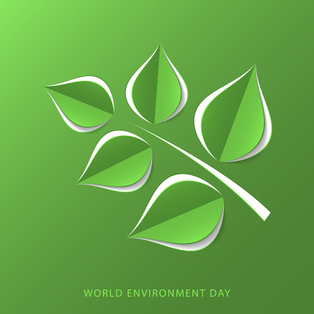 Green paper tree branch. Paper cutout green leaves. World Environment Day, June 5. Eco friendly symbol. Ecology, nature protection concept. Template for banner, poster, leaflet. Vector illustrationのイラスト素材