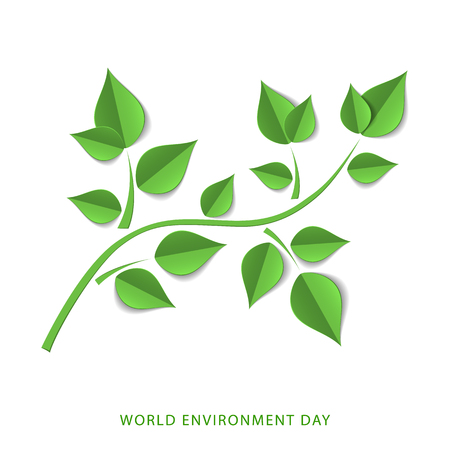 Green paper tree branch. Paper cutout green leaves. World Environment Day, June 5. Eco friendly symbol. Ecology, nature protection concept. Template for banner, poster, leaflet. Vector illustrationのイラスト素材