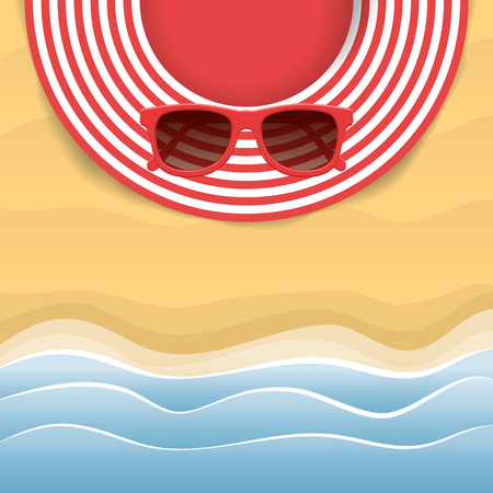 Summer striped hat and red sunglasses. Woman beach sunhat on sand. Top view. Summer concept. Vector illustrationのイラスト素材