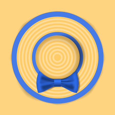 Summer hat with a blue bow. Woman beach sunhat on sand. Top view. Summer concept. Vector illustrationのイラスト素材