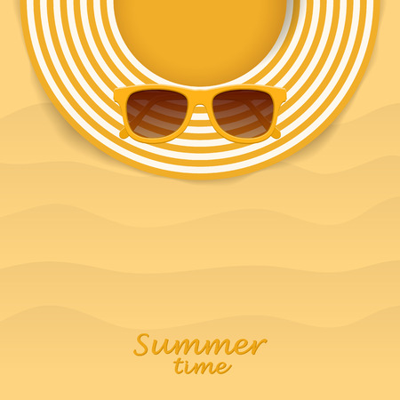 Summer striped hat and yellow sunglasses. Woman beach sunhat on sand. Top view. Summer concept. Vector illustrationのイラスト素材