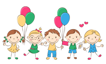 Funny doodle kids with colored flags. Happy cartoon boys and girls. Holidays, vacations, weekends. Vector illustrationのイラスト素材