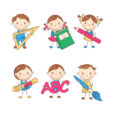 Funny doodle kids with different school supplies. Happy cartoon boys and girls. Education and school concept. Vector illustrationのイラスト素材