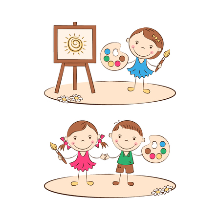 Funny doodle kids draw with colors. Happy cartoon little artists. Vector illustrationのイラスト素材