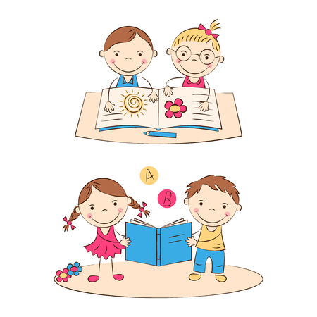 Funny doodle kids read a book. Happy cartoon boys and girls. Preschool children. Vector illustrationのイラスト素材