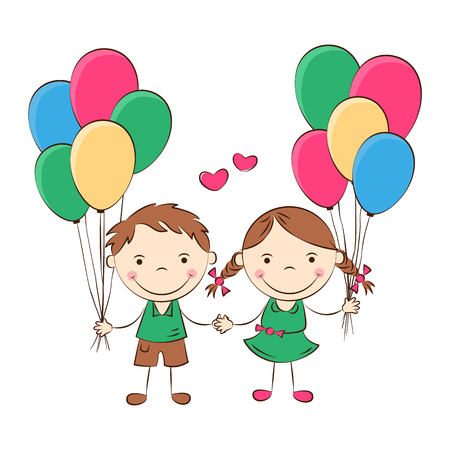 Funny doodle kids with colored balloons. Happy cartoon boy and girl hold hands. Holidays, vacations, weekends. Vector illustrationのイラスト素材