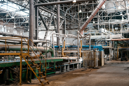 Workshop for the production of particle boards. Manufacture of chipboard, veneer, plywood, wood panels. Wood processing. Woodworking industryの写真素材