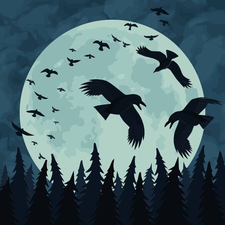 Flock of black ravens flies in the night sky over a dark forest against the full moon.. Vector Illustrationのイラスト素材