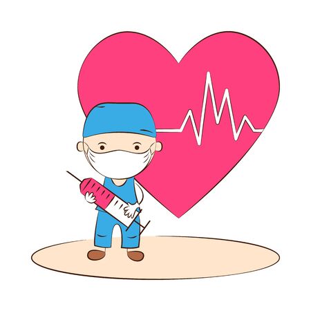 Doctor wearing protective medical mask on face. Male doctor or nurse character with syringe. Medical staff. Healthcare. Vector Illustrationのイラスト素材