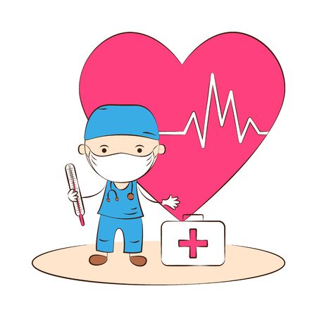 Doctor wearing protective medical mask on face. Male doctor or nurse character with thermometer. Medical staff. Healthcare. Vector Illustrationのイラスト素材