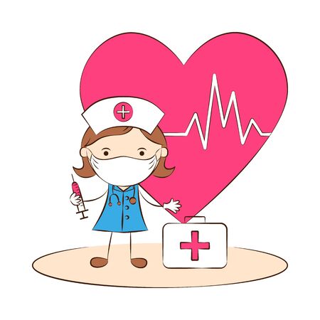 Doctor wearing protective medical mask on face. Female nurse or doctor character with syringe. Medical staff. Healthcare. Vector Illustrationのイラスト素材