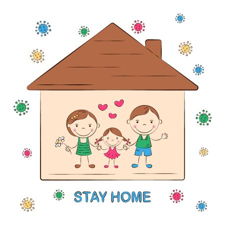 Stay home. Home quarantine to prevent coronavirus pandemic. Cute cartoon family, mom, dad, daughter. Healthcare concept, virus protection. Vector illustrationのイラスト素材