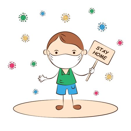 Child in protective medical masks to prevent infection. Cute cartoon boy with poster stay home . Healthcare, quarantine, hygiene, virus protection. Vector illustrationのイラスト素材