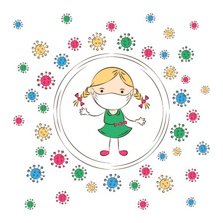 Child in protective medical masks to prevent infection. Cute cartoon girl surrounded by viruses. Healthcare, quarantine, hygiene, virus protection. Vector illustrationのイラスト素材