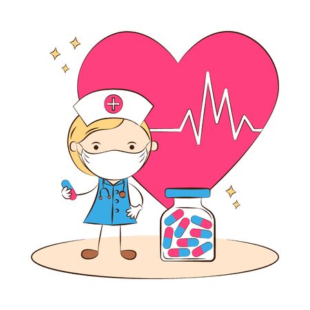 Doctor wearing protective medical mask on face. Female nurse or doctor with pack of pills. Medical staff. Healthcare. Cute flat cartoon style. Vector Illustrationのイラスト素材