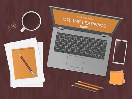 Desktop with laptop and school supplies. Online learning website page in computer screen. Distance e-learning education, digital school. Modern technologies in education. Flat lay. Vector illustrationのイラスト素材