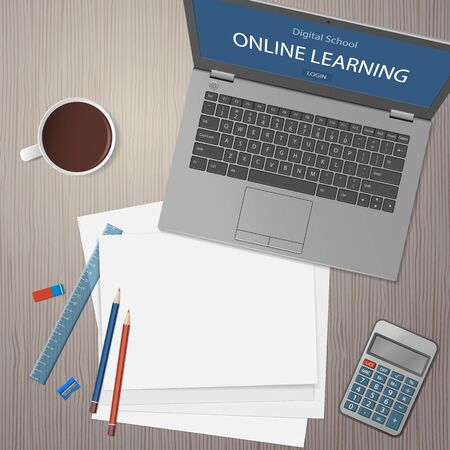 Desktop with laptop and school supplies. Online learning website page in computer screen. Distance e-learning education, digital school. Modern technologies in education. Top view. Vector illustrationのイラスト素材
