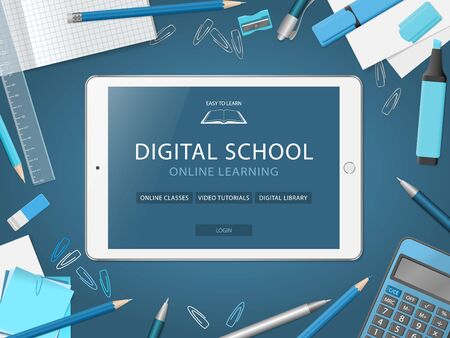 Desktop with tablet and school supplies. Online learning website page in tablet screen. Distance e-learning education, digital school. Modern technologies in education. Flat lay. Vector illustrationのイラスト素材