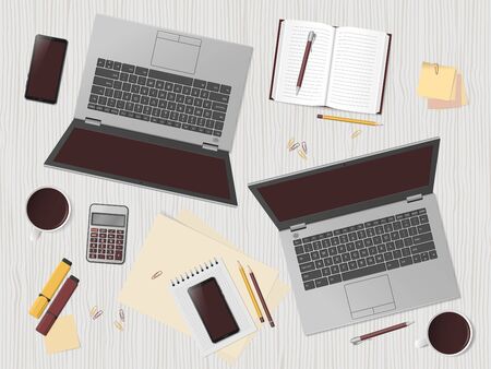 White desk with two laptops and supplies. Workspace with blank screen laptops. Remote work, freelance, online learning, distance education. Top view, flat lay. Vector illustrationのイラスト素材