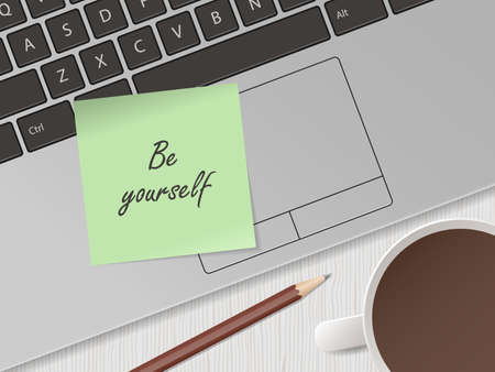 Be youself. Memo stick on laptop keyboard. Concept for positive attitude, motivational slogan. Lifestyle. Modern technologies in business, education. Vector illustrationのイラスト素材