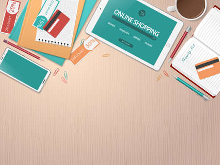 Online shopping concept. Online store website on tablet screen. Workspace with tablet, notebook, credit cards and discount coupons. Top view with copy space, flat lay. Vector illustrationのイラスト素材