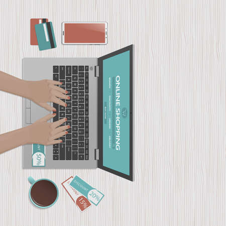 Woman is shopping at online store. Online shop website on computer screen.. Workspace with laptop, credit cards and discount coupons. Top view with copy space, flat lay. Vector illustrationのイラスト素材