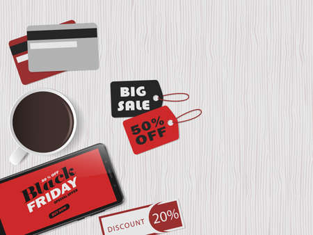 Online shopping concept. Black friday. Big sale. Workspace with smartphone, red and black tags and credit cards. Top view, flat lay. Vector illustrationのイラスト素材