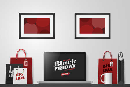 Online shopping concept. Black friday. Big sale. Workspace with laptop and shopping bags . Vector illustrationのイラスト素材